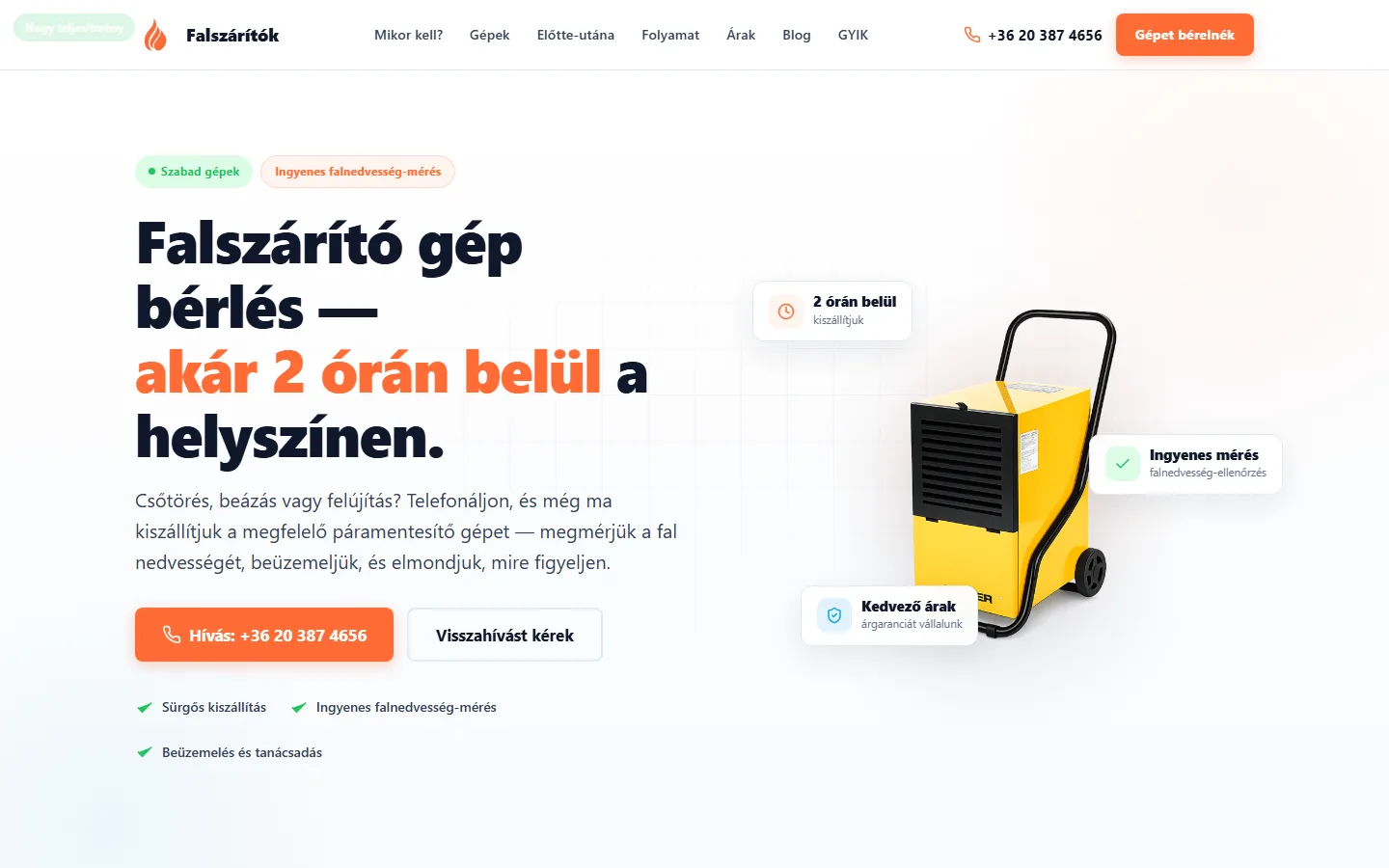 A Falszárítók elkészült weboldalának teljes asztali nézete