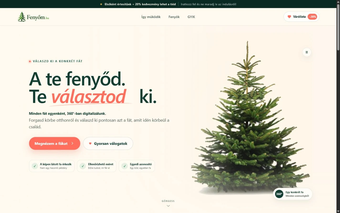 A Fenyőm elkészült weboldalának teljes asztali nézete