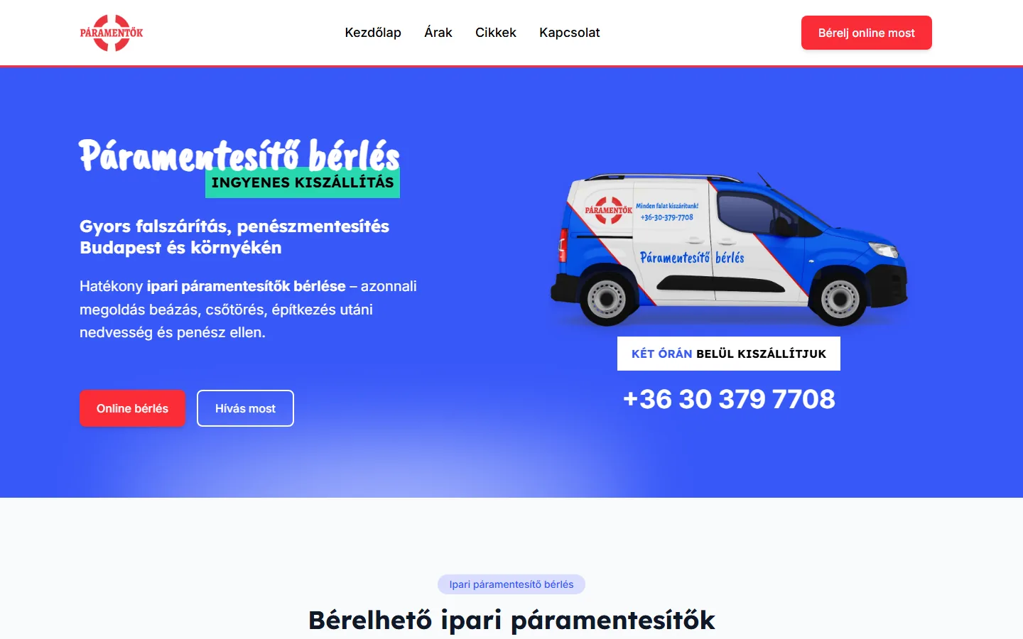 A Paramentők elkészült weboldalának teljes asztali nézete